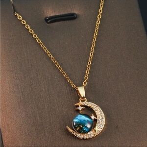 Moon with Stars Pendant Blue and Gold Necklace
